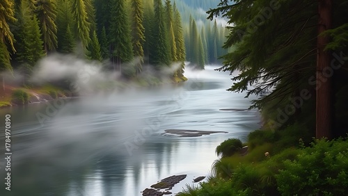 willamette. Willamette River winding through Douglas fir forest with morning mist. travel magazines, destination branding, designed for travel destination branding, used by video editors.