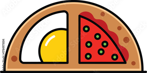 Stylized cartoon fried egg and watermelon slice in a brown frame yolk white