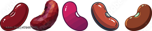 Set of Kidney Bean Illustrations in Cartoon and Low-Poly Styles for Vegan Protein and Legume Content