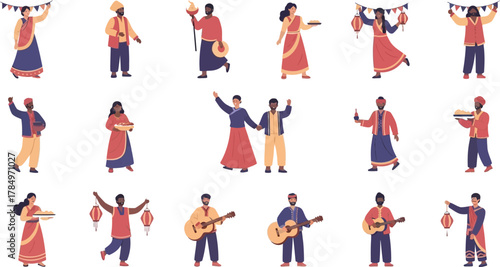 Diverse group celebrating with traditional clothing, music, and lanterns