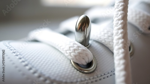 osmium. Polished metal aglet at the end of a white shoelace with metallic texture. lifestyle magazines, social media lookbooks, designed for lifestyle magazines and social media content.