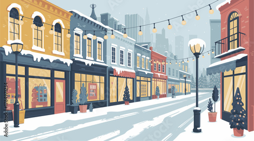Flat vector illustration of a whimsical winter city street with snow-covered shops, string lights, and minimal clean lines in soft blues, muted yellows, and white