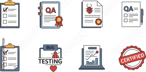 Quality assurance icons representing testing, bugs, reports, and certification for software development.