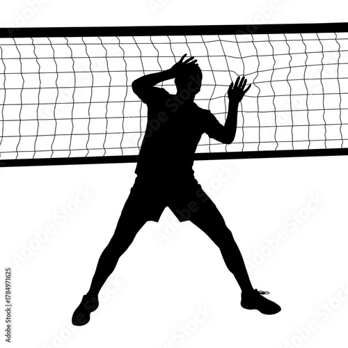 Dynamic silhouette of volleyball player spiking near the net, perfect for sports campaigns, fitness content, or showcasing teamwork and athletic skill