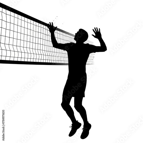 Dynamic silhouette of volleyball player spiking the ball over the net with power and precision, embodying athleticism and competition in a modern design