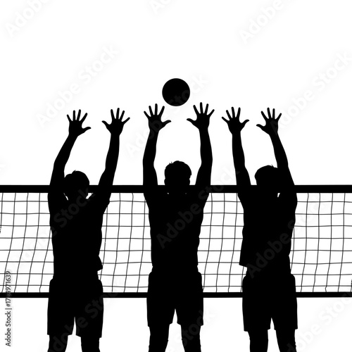 Dynamic silhouette of volleyball players spiking the ball over the net, perfect for sports marketing and team spirit campaigns or illustrating athletic prowess
