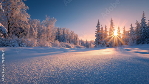 Winter, christmas winter, snowfall in winter warm sunrise illuminates a snowladen forest with sparkling frost on trees and ground, creating a magical winter wonderland scene