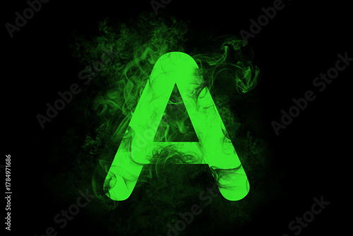 Glowing green letter A with smoky neon effect on a dark background, perfect for digital art, wallpaper, or logo design.