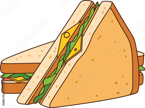 Two triangular sandwiches with cheese lettuce and meat filling food meal