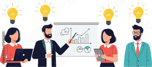 Team brainstorming ideas with lightbulbs above heads