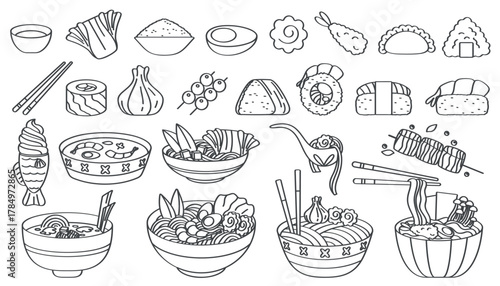 Hand drawn line doodle set of delicious Asian cuisine, featuring noodles, ramen, sushi, and various Japanese and Korean food items, isolated on white background vector illustration