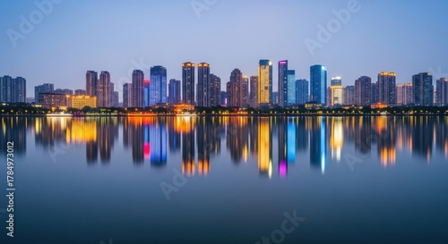 Skyline with buildings mirrored on water at dawn