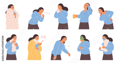 Sick woman showing cold and flu symptoms like coughing, sneezing, fever, headache, sore throat, tiredness, and chills, isolated on white background vector illustration