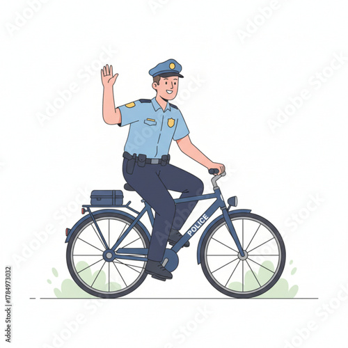 A friendly police officer riding a bicycle and waving with a smile.
