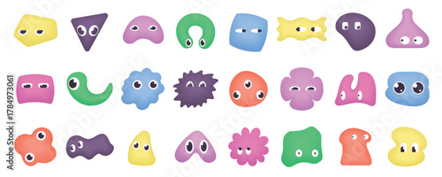 Playful set of various bright doodle shapes featuring expressive face emotions in a fun 3d matte style, isolated on white background vector illustration