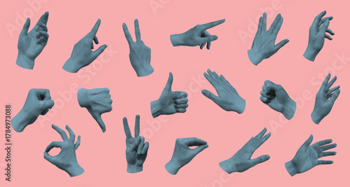 Multiple blue-toned realistic hands display various gestures on a pink background, emphasizing coldness and halftone style for creative design projects vector illustration