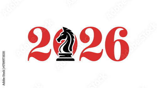 2026 year number with chess knight in red and black on transparent background