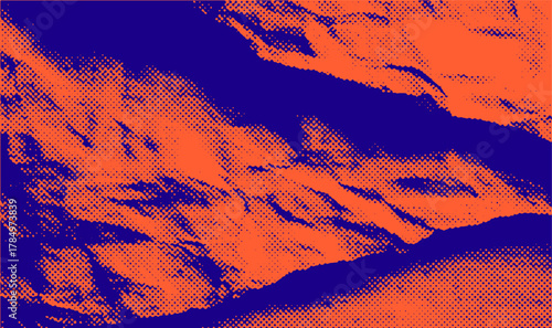 vector illustration showcases an abstract pop art texture with bold orange and dark blue halftone patterns. The dynamic shapes and dotted effects evoke a vibrant, retro comic book style.