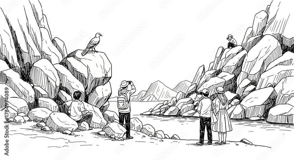 Obraz premium Coastal wildlife watching expedition ink drawing featuring bird watchers and a majestic raptor
