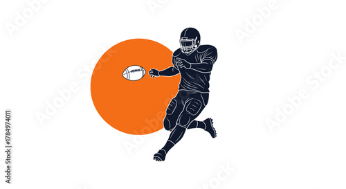 Bold American Football Player Silhouette in Mid-Pass Against Orange Circle Backdrop