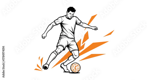 Dynamic soccer player in action striking ball with stylized geometric background