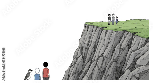 Distant figures on a cliff with onlookers below creating a sense of dramatic scale and wonder