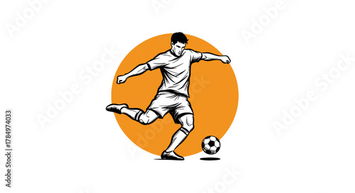 Dynamic soccer player illustration in action, energized kick against a vivid backdrop