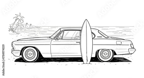Vintage car and surfboard at tropical beach coastline, summer lifestyle sketch in black and white