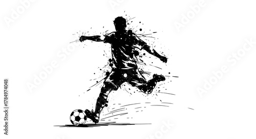 Dynamic splash art depiction of a footballer kicking a ball with power and energy expressed