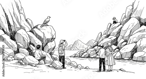 Coastal wildlife watching expedition ink drawing featuring bird watchers and a majestic raptor