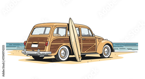Vintage woody wagon on beach shore with surfboard evokes coastal lifestyle