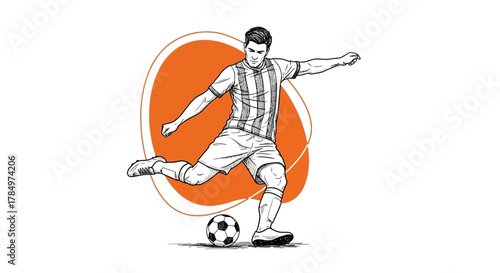 Dynamic sketch illustration of a soccer player kicking a ball with orange background