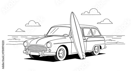 Monochrome depiction of a vintage car with surfboard by the seaside, creating a vintage beach vibe