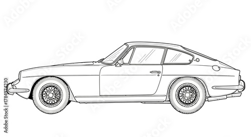 Sophisticated hand drawn black and white sketch of a classic coupe car illustration