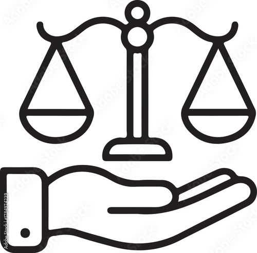 Justice and equality icon on open hand, legal balance, fairness concept graphic