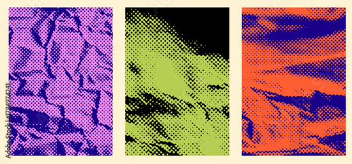 Vector illustration features bold halftone pop art Y2K textures in vibrant orange, green, and blue. Organic shapes and dots evoke a comic book feel, highlighting patterns and abstract paper surfaces.