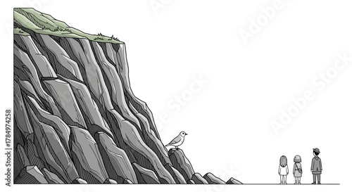 Scenic overlook landscape with cliffside avian observing children and mountain scenery illustration