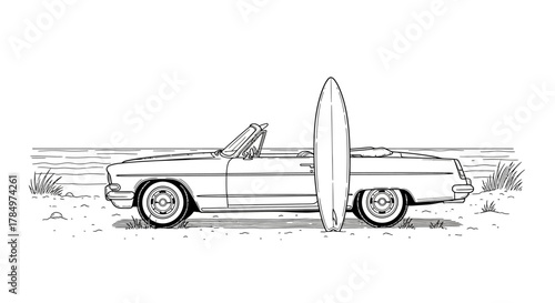 Illustration depicting a classic convertible with surfboard along a tranquil ocean coastline
