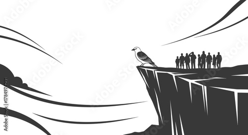 Cliffside Silhouette: A Bird's Perspective on Group Dynamics and Distant Horizons