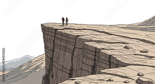 Two figures on the edge of a vast cliff, a symbol of exploration and wonder, amidst a minimalist