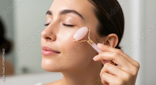 Facial skincare with rose quartz roller closeup