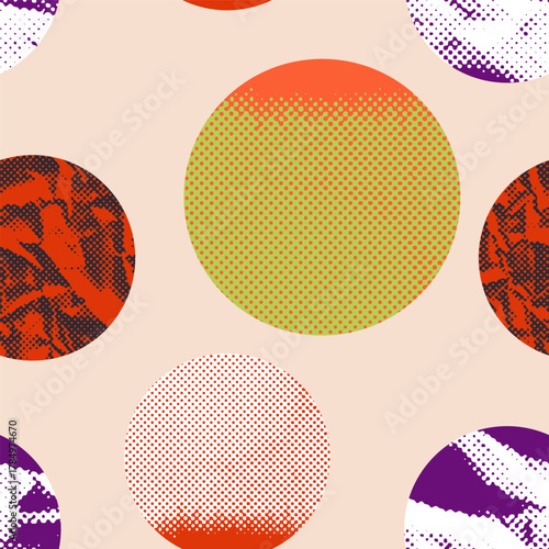 Vector illustration presents pop art pattern of colorful halftone circles with abstract textures in orange, green, purple and red tones against a light beige background. Bold dots and vibrant colors.