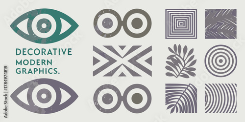 Collection of abstract geometric decorative modern graphic elements with a textured distressed vintage feel