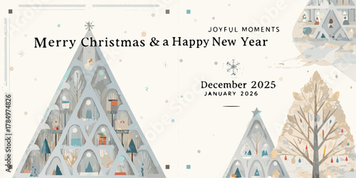 Merry christmas and happy new year greeting card with stylized trees and festive decorations