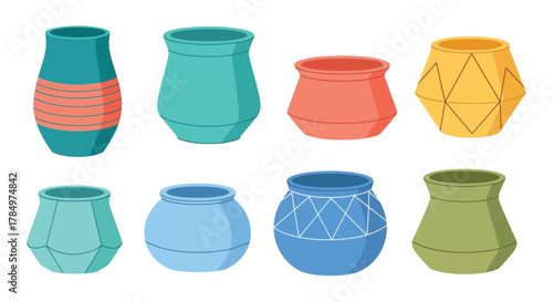 colorful ceramic pots arranged neatly in two rows