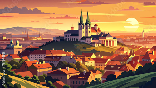 Very beautiful sunset panoramic view of Brno, Czech Republic, featuring Spilberk Castle, historic city rooftops, warm golden sky, and a realistic scenic urban landscape.