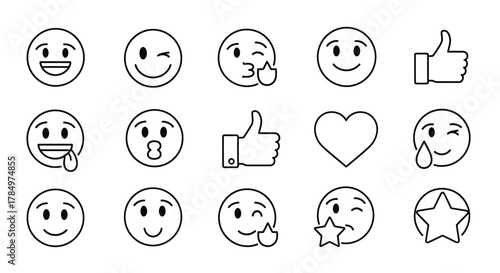 a variety of simple line art emojis expressing different emotions and gestures