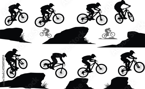 Flat vector mountain biker silhouette jumping rocks, extreme cycling sport, downhill trail action, outdoor adventure, forest terrain stunt illustration