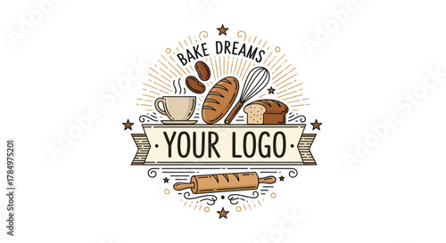 Charming bakery logo design with coffee, bread, and baking utensils for