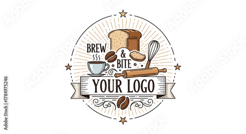 Distinctive bakery and coffee shop logo with baking tools and ingredients for
